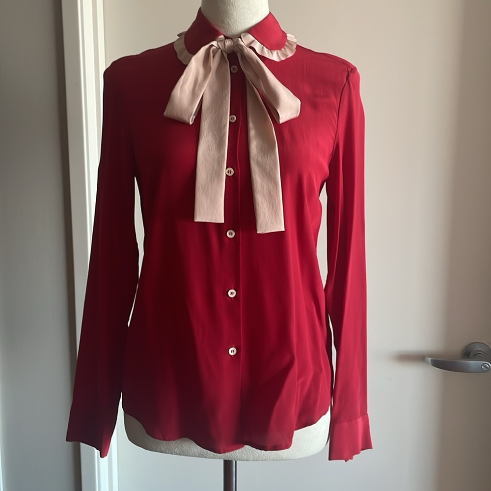 RED Valentino Silk Crepe Ruffle Tie Neck Button Down Blouse Red - Picture 3 of 14